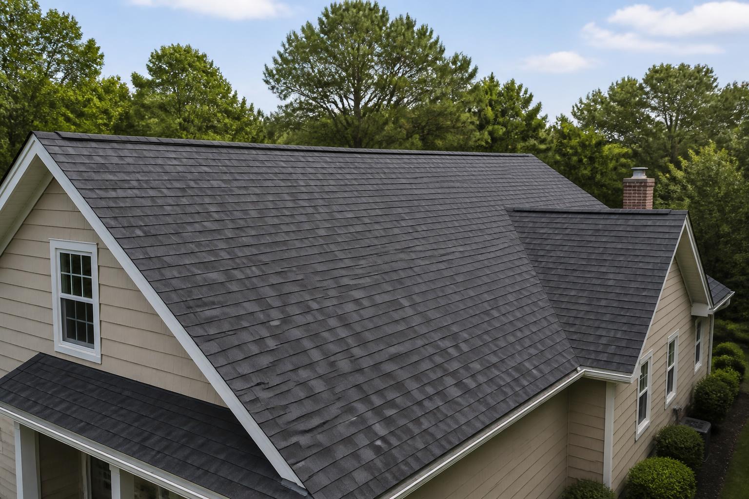 Newly replaced roof with clean asphalt shingles on a residential home.