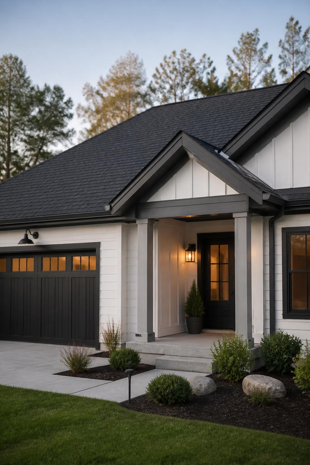 Modern home exterior with a freshly repaired roof and clean roofline.